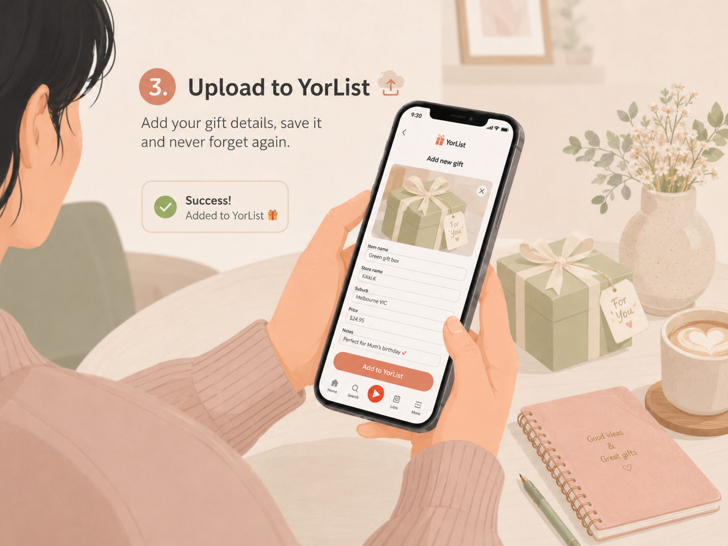 Upload your gift details and save them to YorList